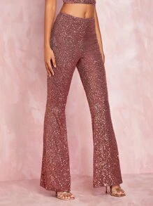 SHEIN BAE Women's Classic High Waist Glitter Flared Pants For Gorgeous Party Look - Pink - View 3