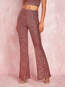 SHEIN BAE Women's Classic High Waist Glitter Flared Pants For Gorgeous Party Look - Pink - View 4