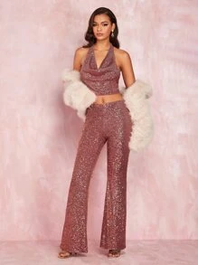 SHEIN BAE Women's Classic High Waist Glitter Flared Pants For Gorgeous Party Look - Pink - View 5