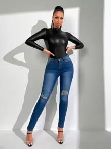 SHEIN SXY Plunging Neck PU Leather Bodysuit - Black - View 3