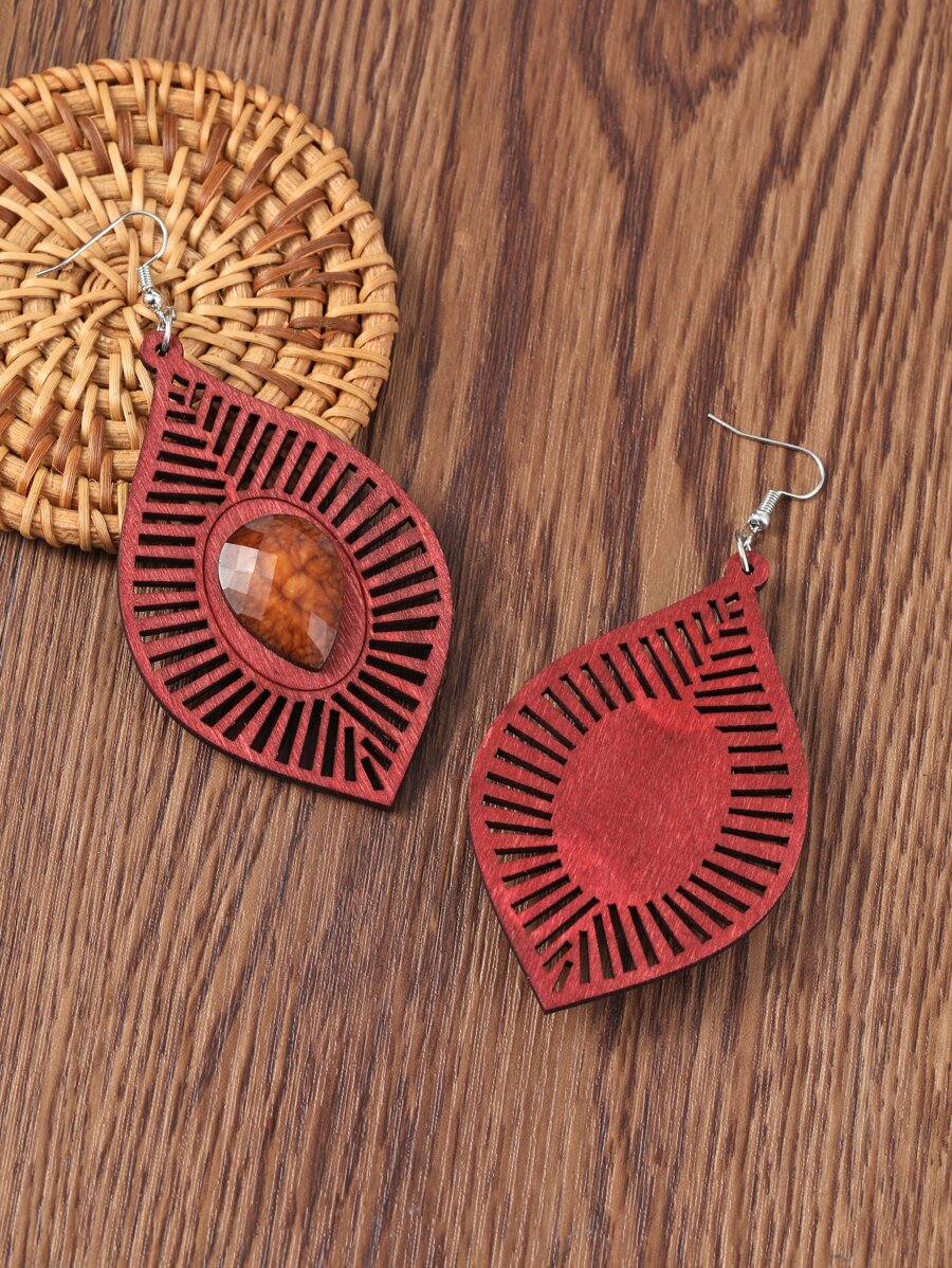 Leaf Drop Earrings - Burgundy - View 1