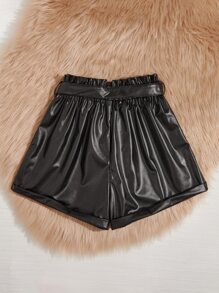 SHEIN Essnce Plus Paper Bag Waist Belted PU Leather Shorts - Black - View 2