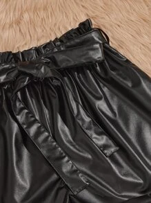 SHEIN Essnce Plus Paper Bag Waist Belted PU Leather Shorts - Black - View 4