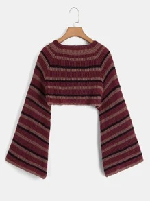 ROMWE Fairycore Striped Bell Sleeve Crop Sweater - Multicolor - View 2