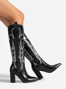 Women Black Stitch Detail Boots, Point Toe Chunky Heeled Western Boots For Vacation - Black - View 1