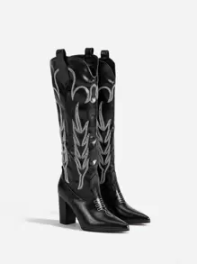 Women Black Stitch Detail Boots, Point Toe Chunky Heeled Western Boots For Vacation - Black - View 2