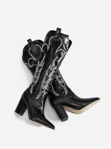 Women Black Stitch Detail Boots, Point Toe Chunky Heeled Western Boots For Vacation - Black - View 3