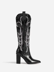 Women Black Stitch Detail Boots, Point Toe Chunky Heeled Western Boots For Vacation - Black - View 4