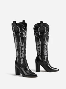 Women Black Stitch Detail Boots, Point Toe Chunky Heeled Western Boots For Vacation - Black - View 5