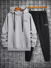 Manfinity Men Letter Graphic Raglan Sleeve Thermal Lined Drawstring Hoodie & Sweatpants - Multicolor - View 1