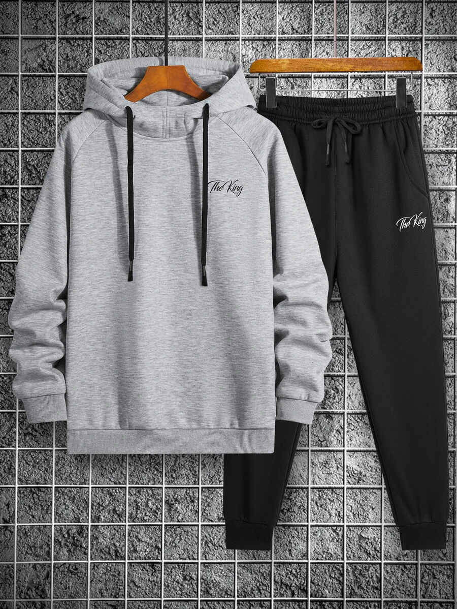 Manfinity Men Letter Graphic Raglan Sleeve Thermal Lined Drawstring Hoodie & Sweatpants - Multicolor - View 1