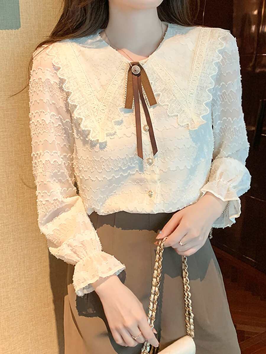 Camisa con encaje en contraste de cuello exagerado de manga con volante - Albaricoque - Ver 1