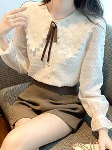 Camisa con encaje en contraste de cuello exagerado de manga con volante - Albaricoque - Ver 6