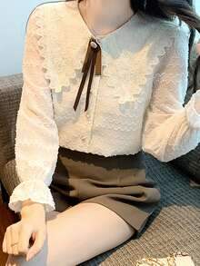 Camisa con encaje en contraste de cuello exagerado de manga con volante - Albaricoque - Ver 7