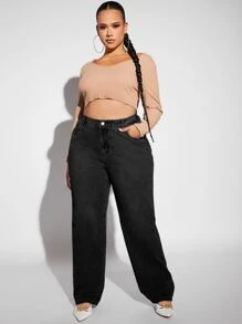 SHEIN SXY 大碼高腰直筒牛仔褲 - 黑色 - 查看 3