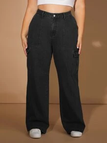 Plus High Waist Flap Pocket Side Cargo Jeans - Black - View 5