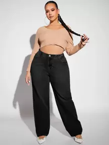 SHEIN SXY 大碼高腰直筒牛仔褲 - 黑色 - 查看 4