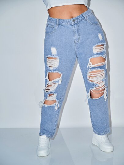 Plus High Waist Ripped Mom Jeans