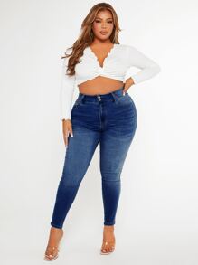 Plus High Waist Skinny Jeans - Dark Wash - View 1