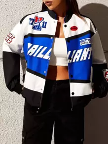 SHEIN Coolane Letter Graphic Colourblock Drop Shoulder Bomber Jacket - Multicolor - View 1