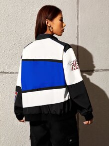 SHEIN Coolane Letter Graphic Colourblock Drop Shoulder Bomber Jacket - Multicolor - View 2