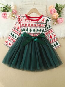 Toddler Girls Christmas Print Ruffle Trim Mesh Hem Belted Dress - Multicolor - View 1