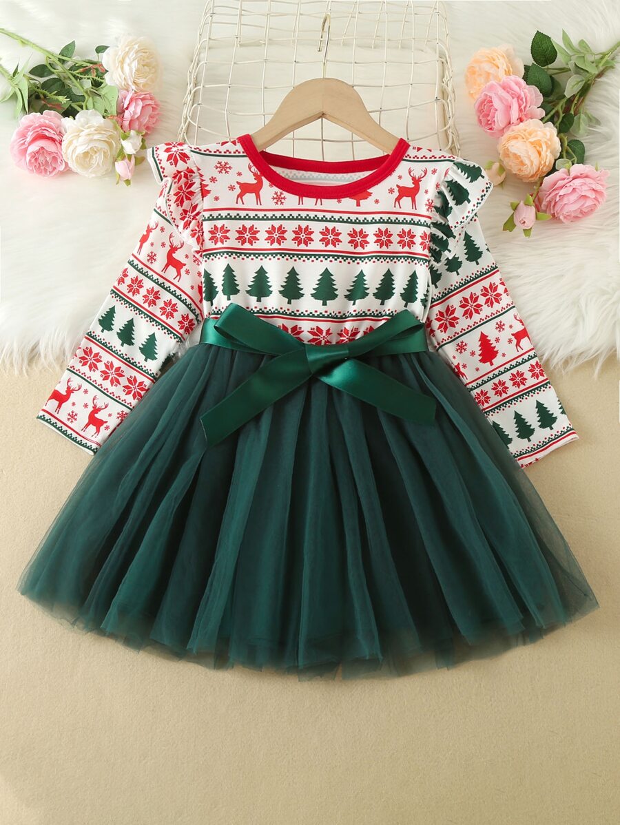 Toddler Girls Christmas Print Ruffle Trim Mesh Hem Belted Dress - Multicolor - View 1