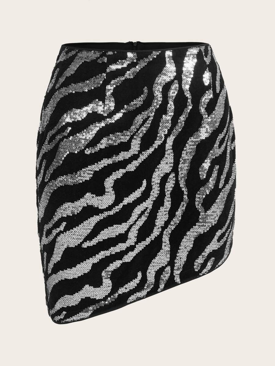 SHEIN ICON Zebra Striped Sequin Skirt - Multicolor - View 1