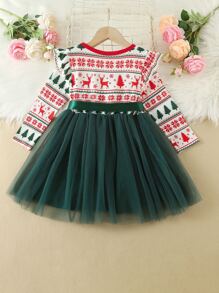 Toddler Girls Christmas Print Ruffle Trim Mesh Hem Belted Dress - Multicolor - View 2