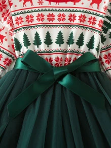 Toddler Girls Christmas Print Ruffle Trim Mesh Hem Belted Dress - Multicolor - View 4