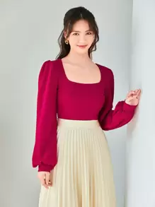 SHEIN Privé 泡泡袖素色上衣 - 中紫紅色 - 查看 1