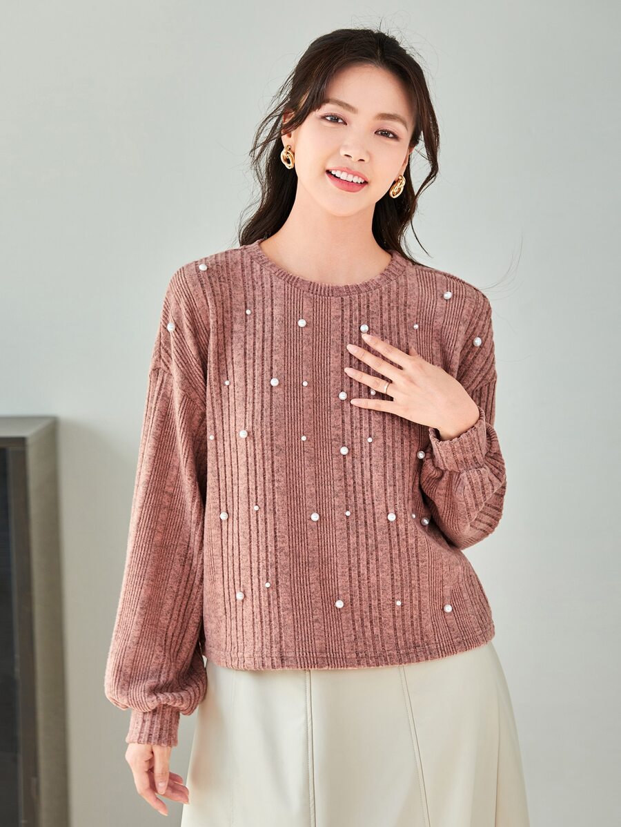 SHEIN LUNE 珍珠細節羅紋針織T恤 - 淺粉色 - 查看 1