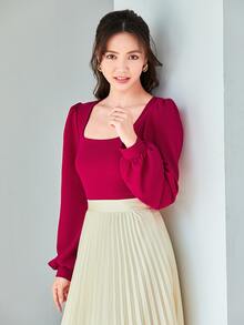 SHEIN Privé 泡泡袖素色上衣 - 中紫紅色 - 查看 3