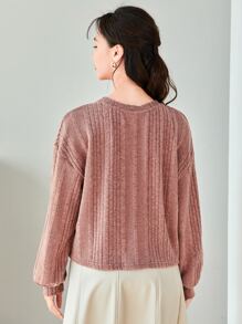 SHEIN LUNE 珍珠細節羅紋針織T恤 - 淺粉色 - 查看 2