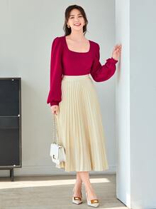 SHEIN Privé 泡泡袖素色上衣 - 中紫紅色 - 查看 4