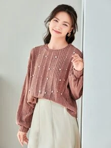 SHEIN LUNE 珍珠細節羅紋針織T恤 - 淺粉色 - 查看 3