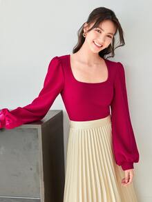 SHEIN Privé 泡泡袖素色上衣 - 中紫紅色 - 查看 5