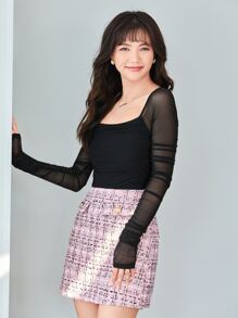 SHEIN Privé 方領褶邊網紗上衣 - 黑色 - 查看 3