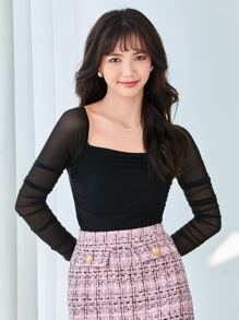 SHEIN Privé 方領褶邊網紗上衣 - 黑色 - 查看 4