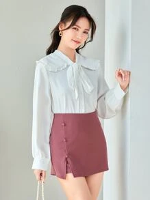 SHEIN Privé 素色紐扣細節下擺開叉裙褲 - 淡紫色 - 查看 1