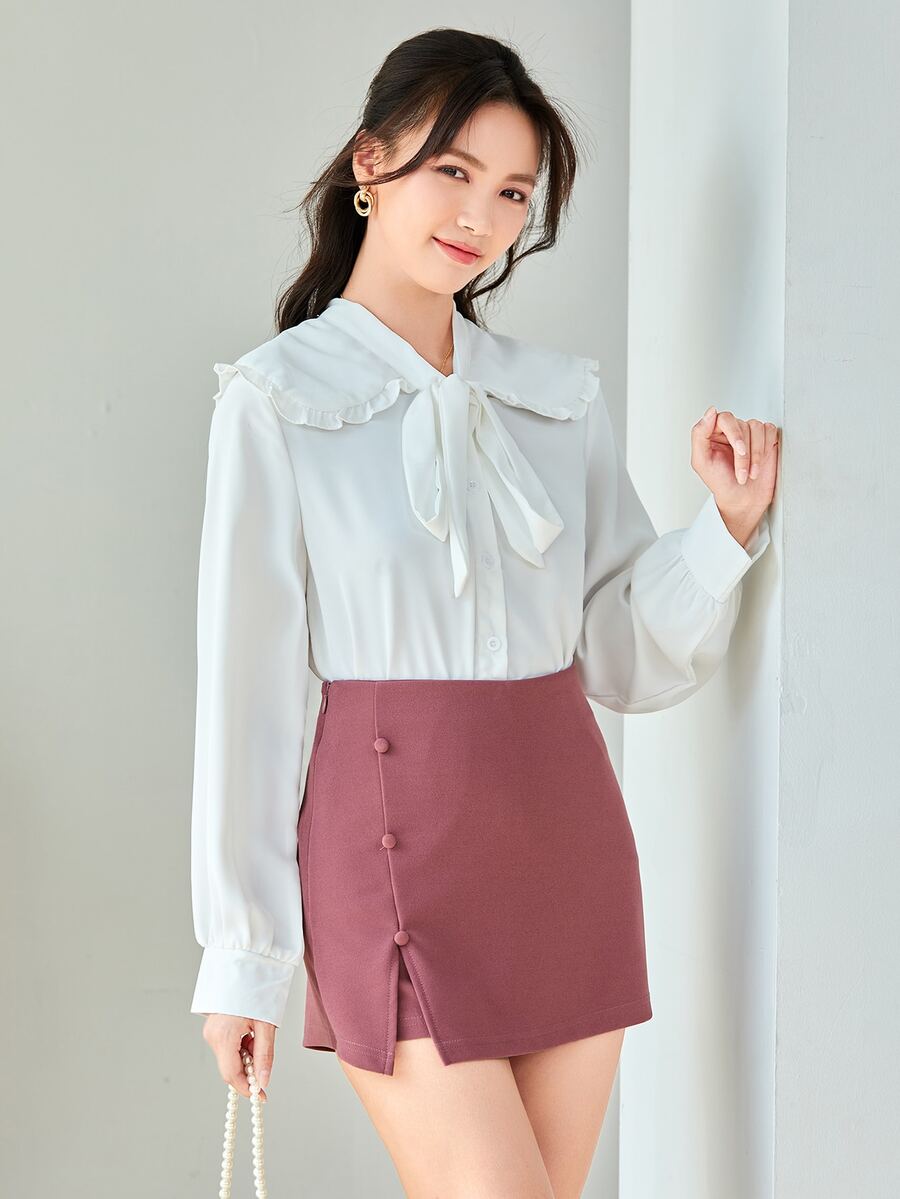 SHEIN Privé 素色紐扣細節下擺開叉裙褲 - 淡紫色 - 查看 1