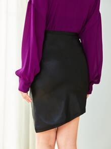 SHEIN BAE 高腰褶邊圍裹下擺PU皮革半身裙