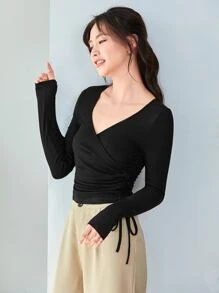 Firerie 素色圍裹側繫帶短款T恤 - 黑色 - 查看 3