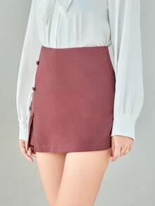 SHEIN Privé 素色紐扣細節下擺開叉裙褲 - 淡紫色 - 查看 3