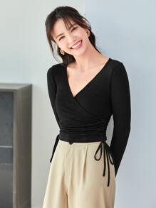 Firerie 素色圍裹側繫帶短款T恤 - 黑色 - 查看 5