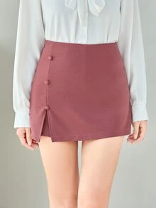 SHEIN Privé 素色紐扣細節下擺開叉裙褲 - 淡紫色 - 查看 5