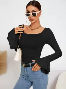 BizChic 大圓領荷葉袖T恤工作服 - 黑色 - 查看 1