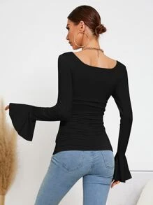 BizChic 大圓領荷葉袖T恤工作服 - 黑色 - 查看 2