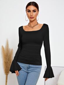 BizChic 大圓領荷葉袖T恤工作服 - 黑色 - 查看 3