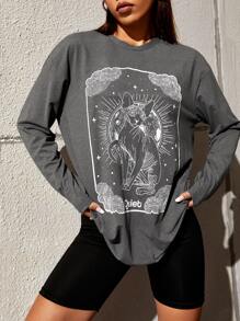 Áo thun nữ Thú vật Lá thư Giải trí - Màu xám đen - Xem 1